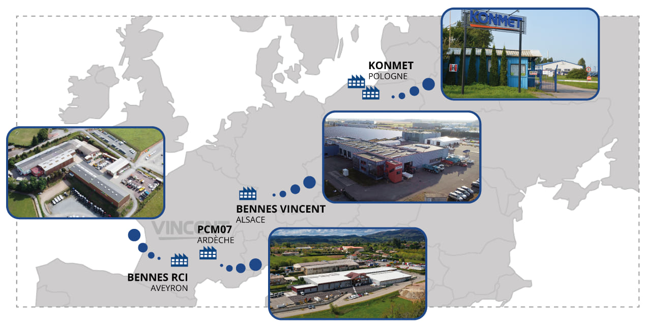 Carte des sites de production et de montage de Bennes Vincent